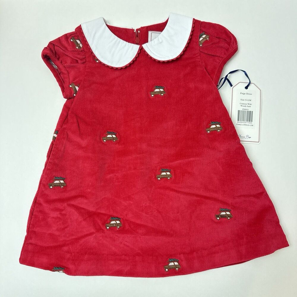 Classic Prep Paige Dress Kids 9-12M Red Christmas Tree Car Embroidery Corduroy